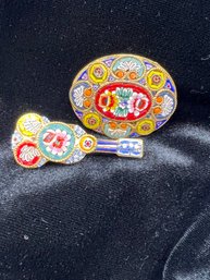 Two Piece Lot Italian Micro Mosaic Millefiori Brooch Oval Floral Guitar Floral