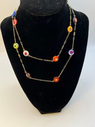 Millefiori Murano Multi Colored Necklace Gold Tone Chain