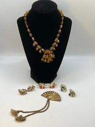 Vintage Costume Jewelry Coro Clip On Earrings(3 Pr) Glass Amber Necklace & Cardigan Fan Holder