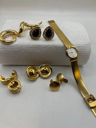 Vintage Lot Of Costume Jewelry Trifari Rhinestone  Earrings Skagen Ladies Watch Brooch & Earrings