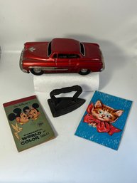 Vintage Lot Misc Items Cat Wiggly Eyes Postcard Disney Notepad Metal Car Small Cast Metal Iron