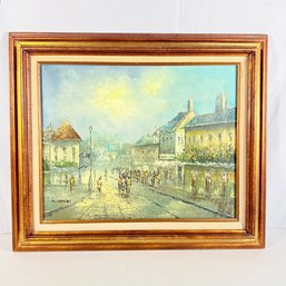 Oil  Painting Of A Parisian Street Scene Signed C. Memory