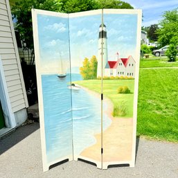 3 Panel Wooden Room Divider Hand Painted Lighthouse Scene