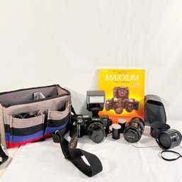 Minolta Camera With Additional Lenses, Manual And Case