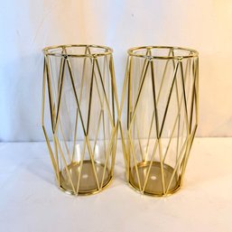 Pair Of Gold Color Metal Candle Holders With Glass Inserts
