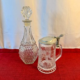 Glass Cruet And  Vintage ALWE Clear Glass Beer Stein With An Etched Deer And Nature Scene And A Pewter Lid