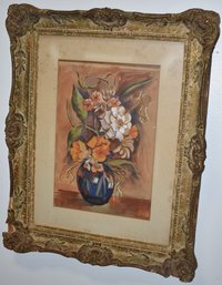 WATERCOLOR STILL LIFE PAINTING OF VASE W/ MIXED FLOWERS