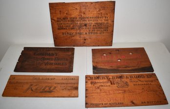 (5) VINTAGE WOODEN ADVERTISING CRATE PANELS