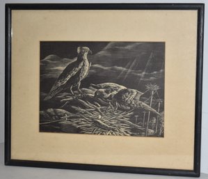NORTON HOWE ETCHING OF BIRDS IN NEST