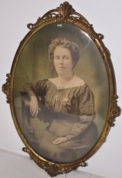 VINTAGE PHOTOGRAPH OF LADY W/ CONVEX GLASS & BRASS FRAME