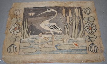 VINTAGE HOOKED RUG W/ CRANE