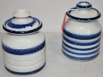 (2) SM. BLUE & WHITE STONEWARE JARS