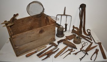 LOT VINTAGE HAND TOOLS IN WOODEN CRATE