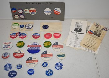 LOT VINTAGE POLITICAL PINBACK BUTTONS, STICKERS & PAPER