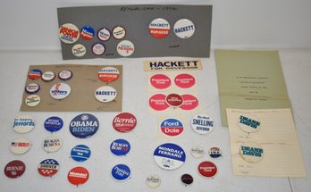 LOT VINTAGE POLITICAL PINBACK BUTTONS, STICKERS & PAPER