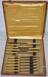 SET (13) CARMEL BAKELITE HANDLED KNIVES IN FITTED CAP