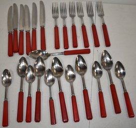 (24) RED BAKELITE HANDLED FLATEWARE PIECES