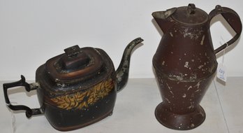 (2) EARLY PAINTED TIN TEA POTS