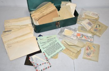 LOT U.S. FORIEGN MINT STAMPS IN GREEN METAL BOX