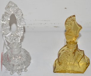 (2) VINTAGE GREEN GLASS PREFUME BOTTLES