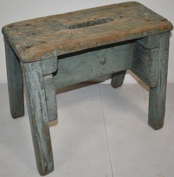 PAINTED WOODEN WORK STOOL IN OLD BLUE PAINT