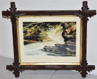 VICTORIAN CROSS WALNUT FRAME W/ WOODLAND PRINT