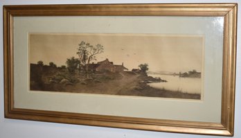 COLORED ETCHING OF COTTAGE NEAR LAKE