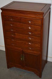 MULTI DRAWER ORIENTAL STYLE SILVERWARE CHEST W/ GREEN FELT FITTED DRAWERS