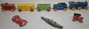 5 PC. VINTAGE TOY WOODEN TRAINS & (3 )OTHERS