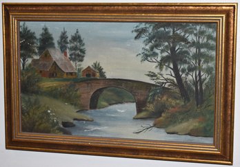OIL ON ARTSIT PANEL OF STONE ARCH BRIDGE