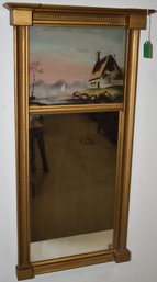 19TH CENT TABERNACKLE MIRROR W/ REVERSE PAINTED UPPER GLASS TABLET OF COTTAGE