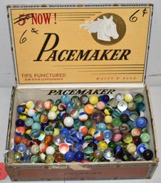 CIGAR BOX FILLED W/ SWIRL MARBLES