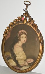 FINE WATERCOLOR PORTRAIT OF YOUNG GIRL IN FANCY GILT GESSO OVAL FRAME