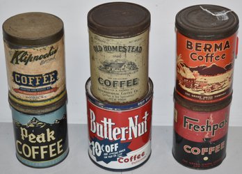 LOT (6) VINTAGE ADVERTISING COFFEE TINS