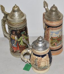 (3) GERMAN POTTERY STEINS W/ PEWTER LIDS