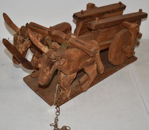 FOLK ART WOODEN OXEN W/ CART