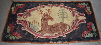FOLKY HOOKED RUG W/ RECUMBANT DEER
