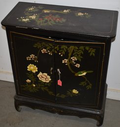 VINTAGE CHINESE BLACK LACQUER LOW CABINET W/ FLORAL & BIRD PAINTED DECORATION