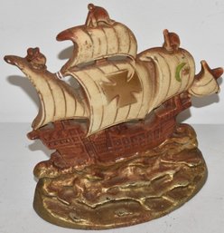 PAINTED CAST IRON SPANISH GALLEON DOORSTOP
