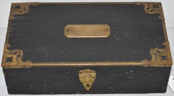 VINTAGE WOODEN PENCIL BOX W/ BRASS TRIM