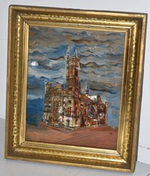 REVERSE PAINTING ON GLASS OF CHURCH W/ MOP