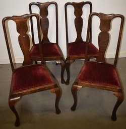 SET (4) QUEEN ANNE DINNING CHAIRS W/ RED VELVET DROP IN SEATS
