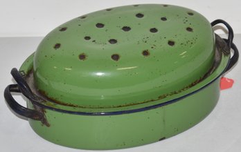 VINTAGE GREEN ENAMEL ROASTING PAN