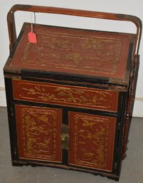 VINTAGE RED CHINESE LACQUER TRAY BOX W/ GILT RAISED FOILAGE & ANIMAL - LANDSCAPES