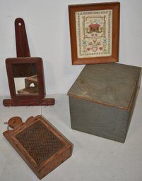 LOT MISC. COUNTRY WOODENWARE ITEMS & SM. NEEDLEWORK