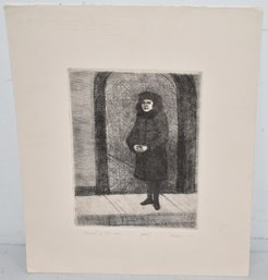 SIGNED ENGRAVING OF YOUNG WOMAN IN LONG COAT