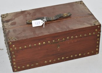 BRASS STUDDED PINE FLAT TOP BOX W/ LEATHER STRAP HANDLE