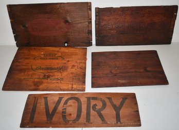 (5) VINTAGE WOODEN ADVERTISING CRATE PANELS