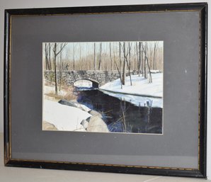 RICHARDS WATERCOLOR OF STONE ARCH BRIDGE IN WINTER