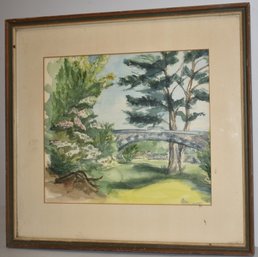 WATERCOLOR PAINTING OF STONE ARCH BRIDGE